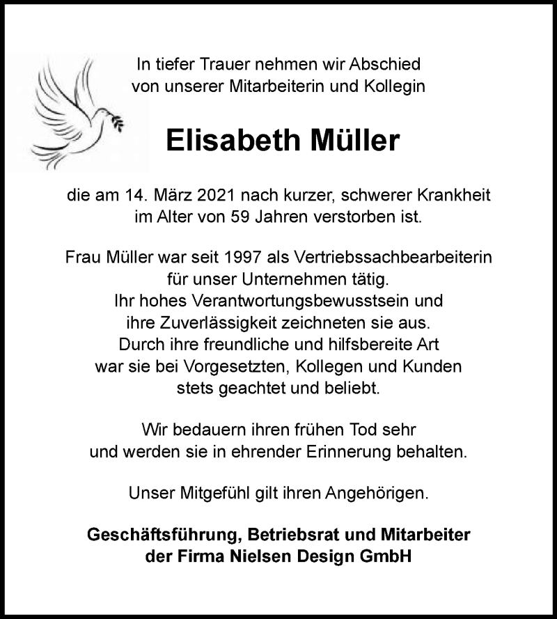  Traueranzeige für Elisabeth Müller vom 20.03.2021 aus Die Glocke