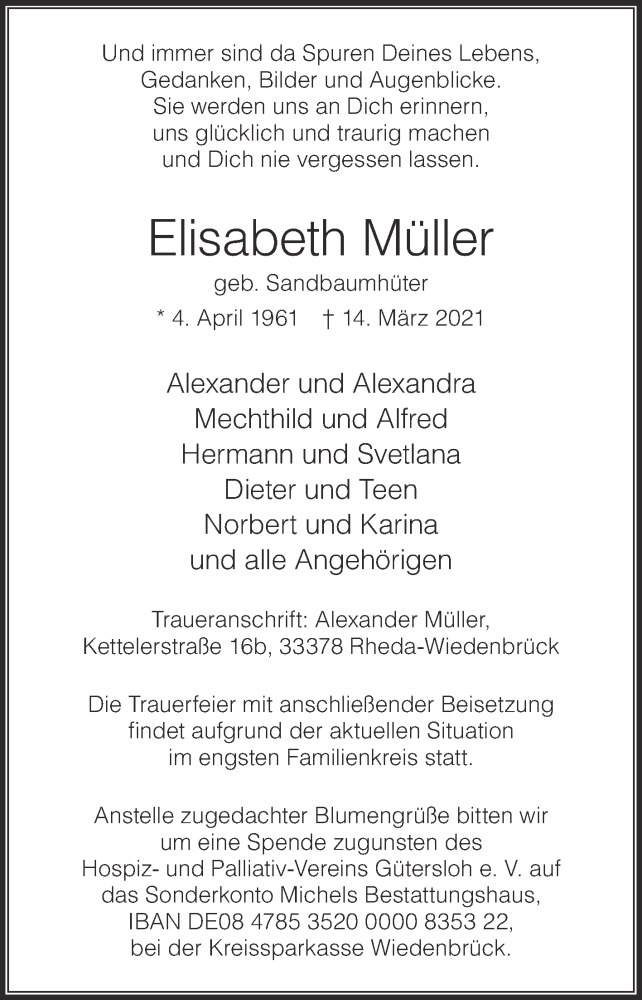  Traueranzeige für Elisabeth Müller vom 20.03.2021 aus Die Glocke