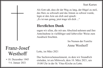 Traueranzeige von Franz-Josef Westhoff von Die Glocke