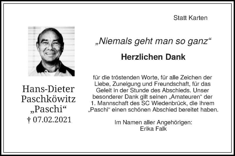  Traueranzeige für Hans-Dieter Paschköwitz vom 19.03.2021 aus Die Glocke