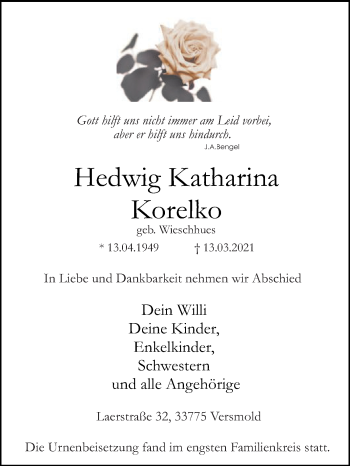 Traueranzeige von Hedwig Katharina Korelko von Die Glocke