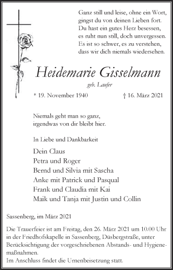 Traueranzeige von Heidemarie Gisselmann von Die Glocke