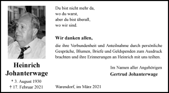 Traueranzeige von Heinrich Johanterwage von Die Glocke