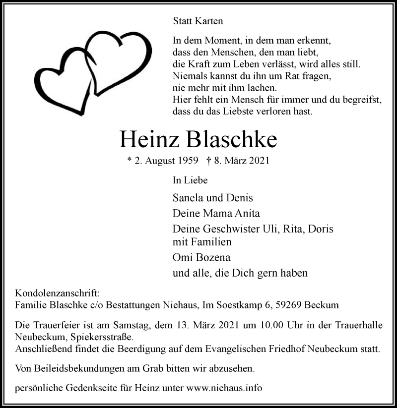  Traueranzeige für Heinz Blaschke vom 11.03.2021 aus Die Glocke