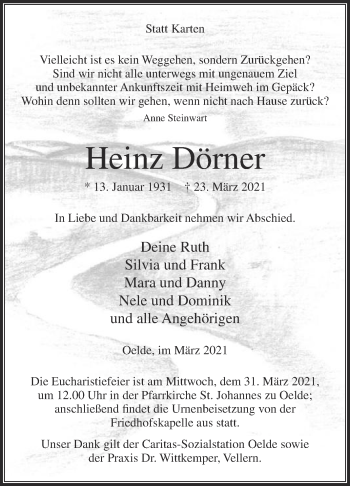 Traueranzeige von Heinz Dörner von Die Glocke