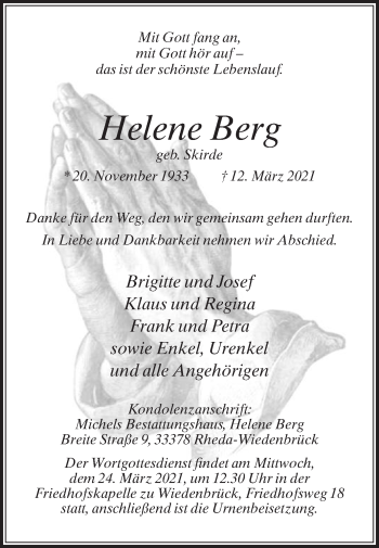 Traueranzeige von Helene Berg von Die Glocke