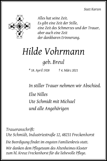 Traueranzeige von Hilde Vohrmann von Die Glocke