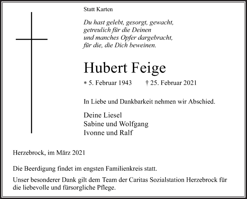  Traueranzeige für Hubert Feige vom 03.03.2021 aus Die Glocke