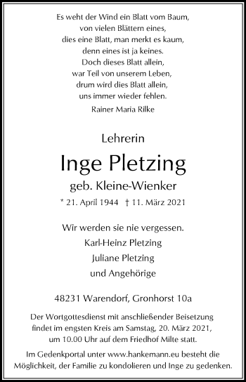 Traueranzeige von Inge Pletzing von Die Glocke