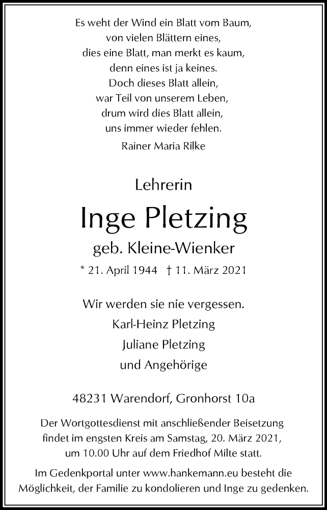  Traueranzeige für Inge Pletzing vom 17.03.2021 aus Die Glocke