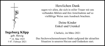 Traueranzeige von Ingeburg Klipp von Die Glocke