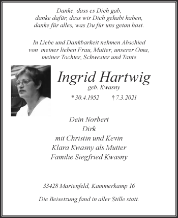 Traueranzeige von Ingrid Hartwig von Die Glocke