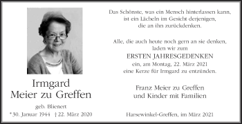 Traueranzeige von Irmgard Meier zu Greffen von Die Glocke