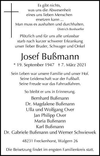 Traueranzeige von Josef Bußmann von Die Glocke