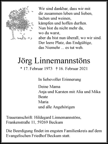 Traueranzeige von Jörg Linnemannstöns von Die Glocke