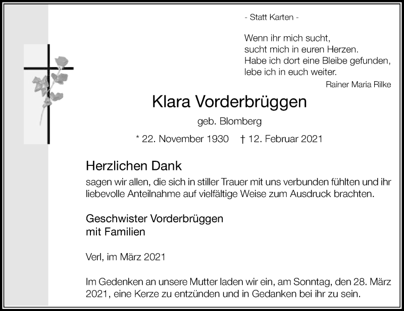  Traueranzeige für Klara Vorderbrüggen vom 27.03.2021 aus Die Glocke