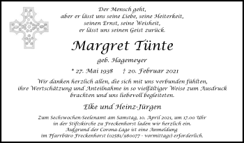 Traueranzeige von Margret Tünte von Die Glocke