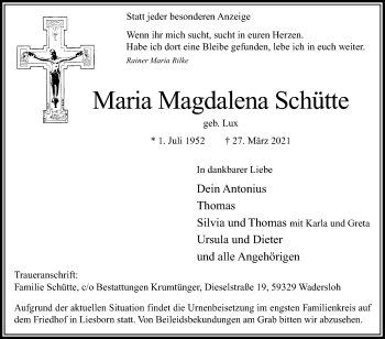 Traueranzeige von Maria Magdalena Schütte von Die Glocke