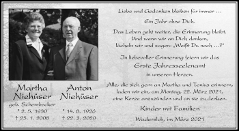 Traueranzeige von Martha Niehüser von Die Glocke
