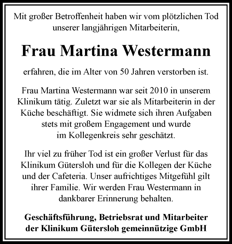  Traueranzeige für Martina Westermann vom 27.03.2021 aus Die Glocke