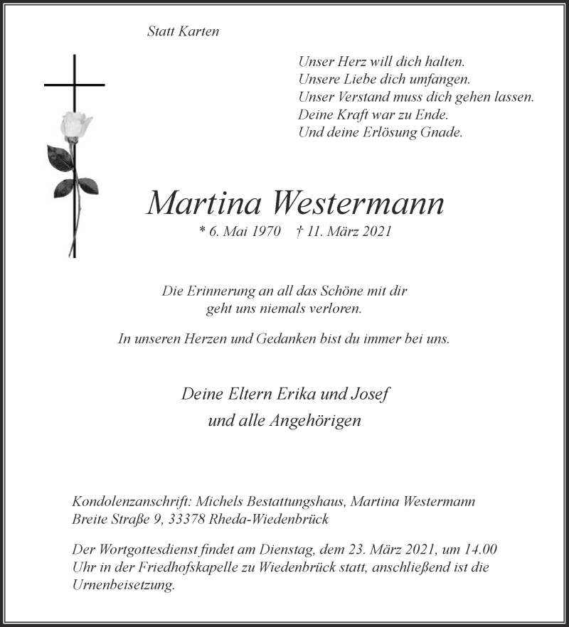  Traueranzeige für Martina Westermann vom 17.03.2021 aus Die Glocke