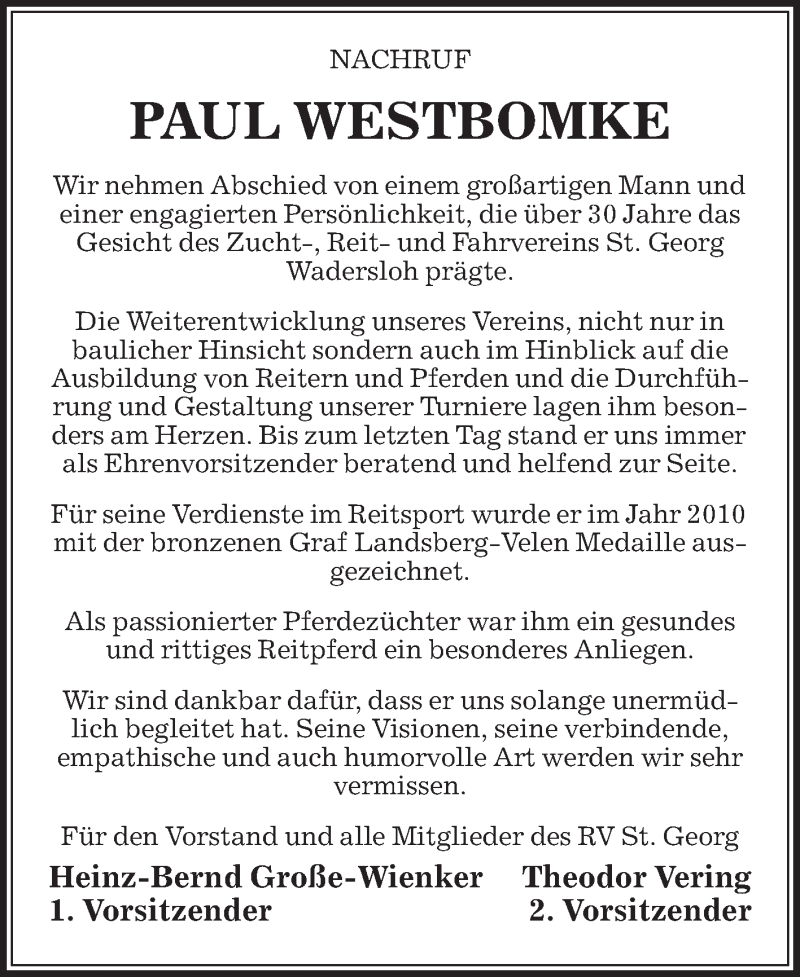  Traueranzeige für Paul Westbomke vom 02.03.2021 aus Die Glocke