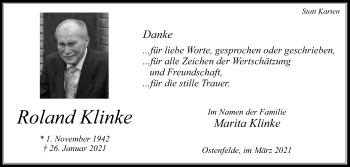 Traueranzeige von Roland Klinke von Die Glocke