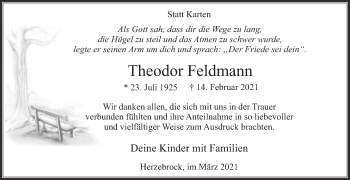 Traueranzeige von Theodor Feldmann von Die Glocke