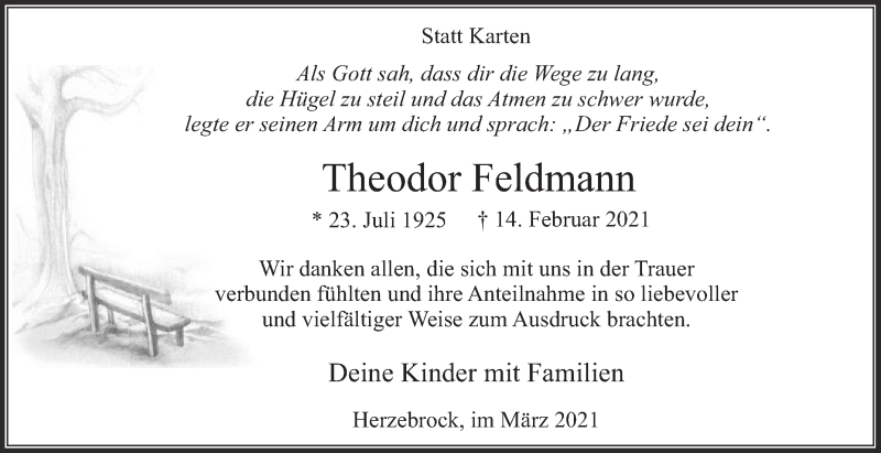  Traueranzeige für Theodor Feldmann vom 20.03.2021 aus Die Glocke
