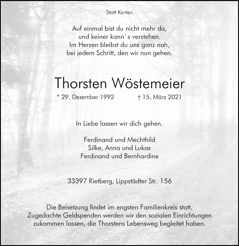  Traueranzeige für Thorsten Wöstemeier vom 27.03.2021 aus Die Glocke