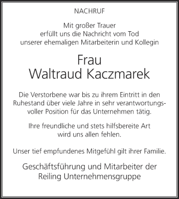 Traueranzeige von Waltraud Kaczmarek von Die Glocke