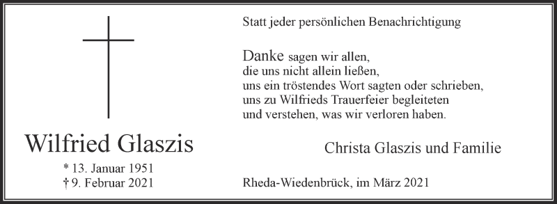  Traueranzeige für Wilfried Glaszis vom 20.03.2021 aus Die Glocke
