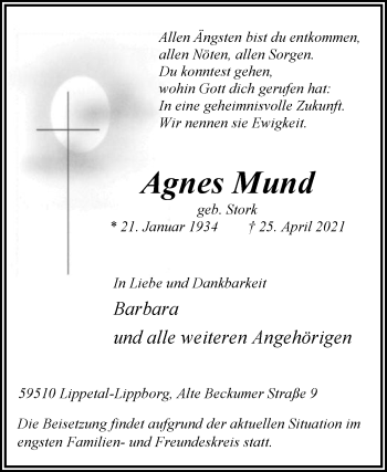 Traueranzeige von Agnes Mund von Die Glocke