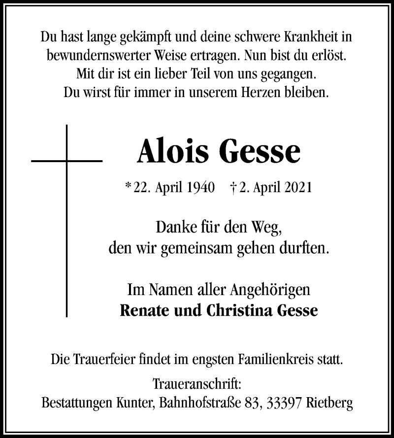  Traueranzeige für Alois Gesse vom 10.04.2021 aus Die Glocke