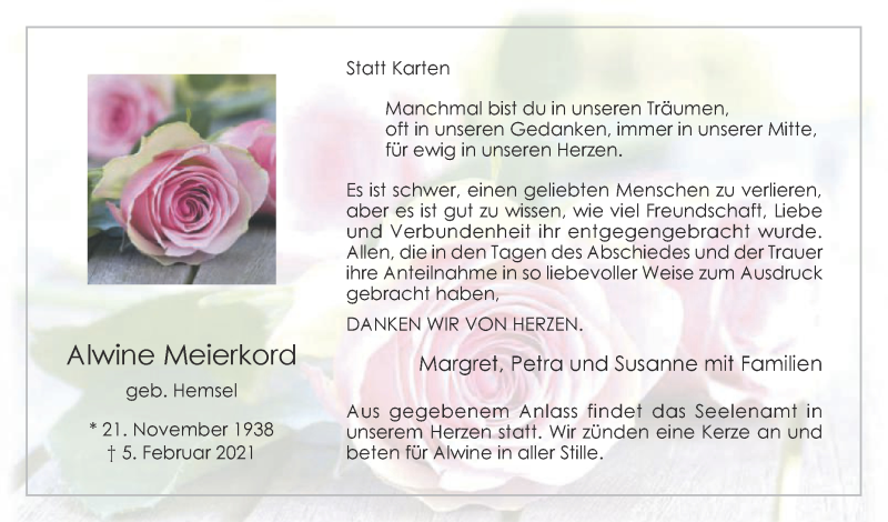  Traueranzeige für Alwine Meierkord vom 02.04.2021 aus Die Glocke
