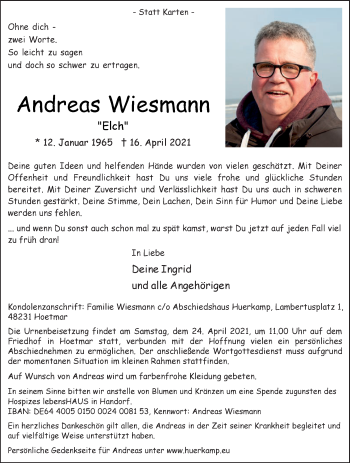 Traueranzeige von Andreas Wiesmann von Die Glocke