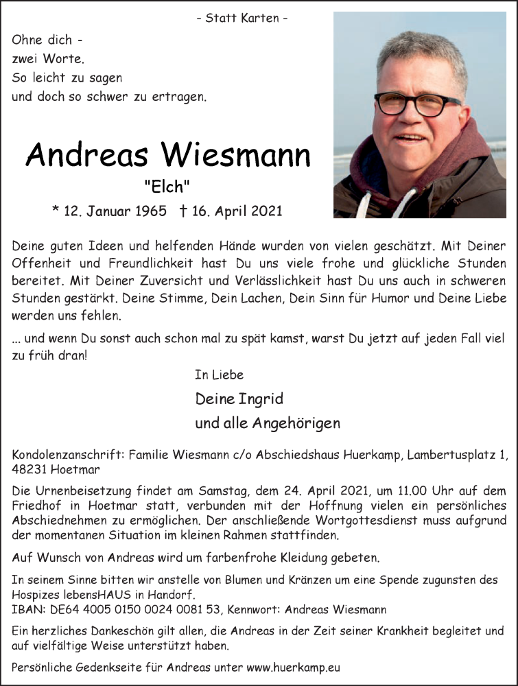  Traueranzeige für Andreas Wiesmann vom 21.04.2021 aus Die Glocke