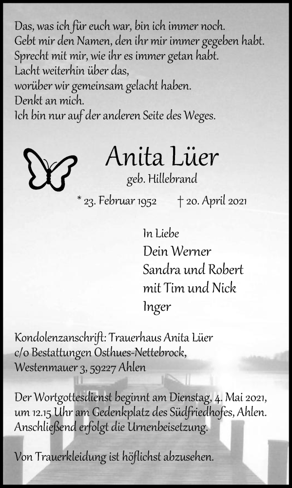  Traueranzeige für Anita Lüer vom 28.04.2021 aus Die Glocke