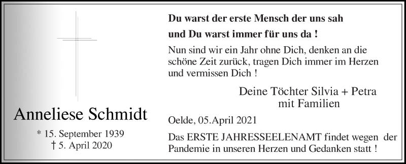  Traueranzeige für Anneliese Schmidt vom 02.04.2021 aus Die Glocke