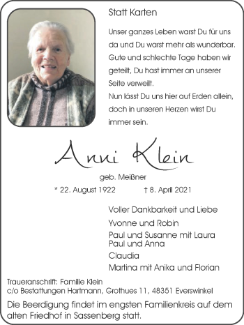 Traueranzeige von Anni Klein von Die Glocke