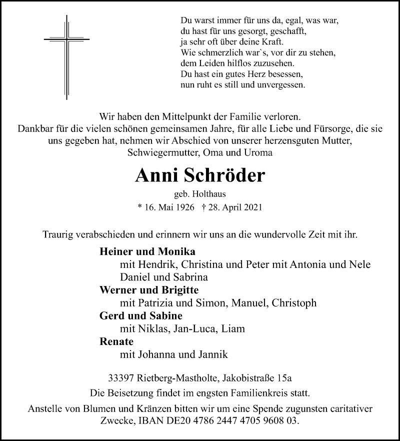  Traueranzeige für Anni Schröder vom 30.04.2021 aus Die Glocke