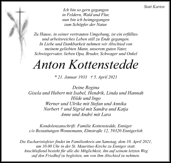 Traueranzeige von Anton Kottenstedde von Die Glocke