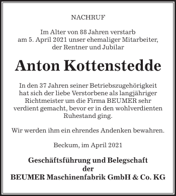 Traueranzeige von Anton Kottenstedde von Die Glocke