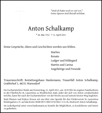 Traueranzeige von Anton Schalkamp von Die Glocke