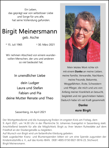 Traueranzeige von Birgit Meinersmann von Die Glocke