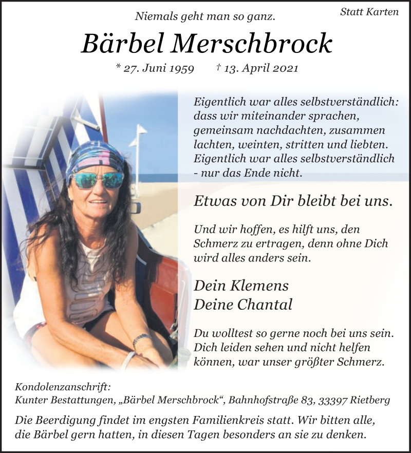  Traueranzeige für Bärbel Merschbrock vom 17.04.2021 aus Die Glocke