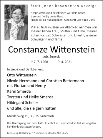 Traueranzeige von Constanze Wittenstein von Die Glocke