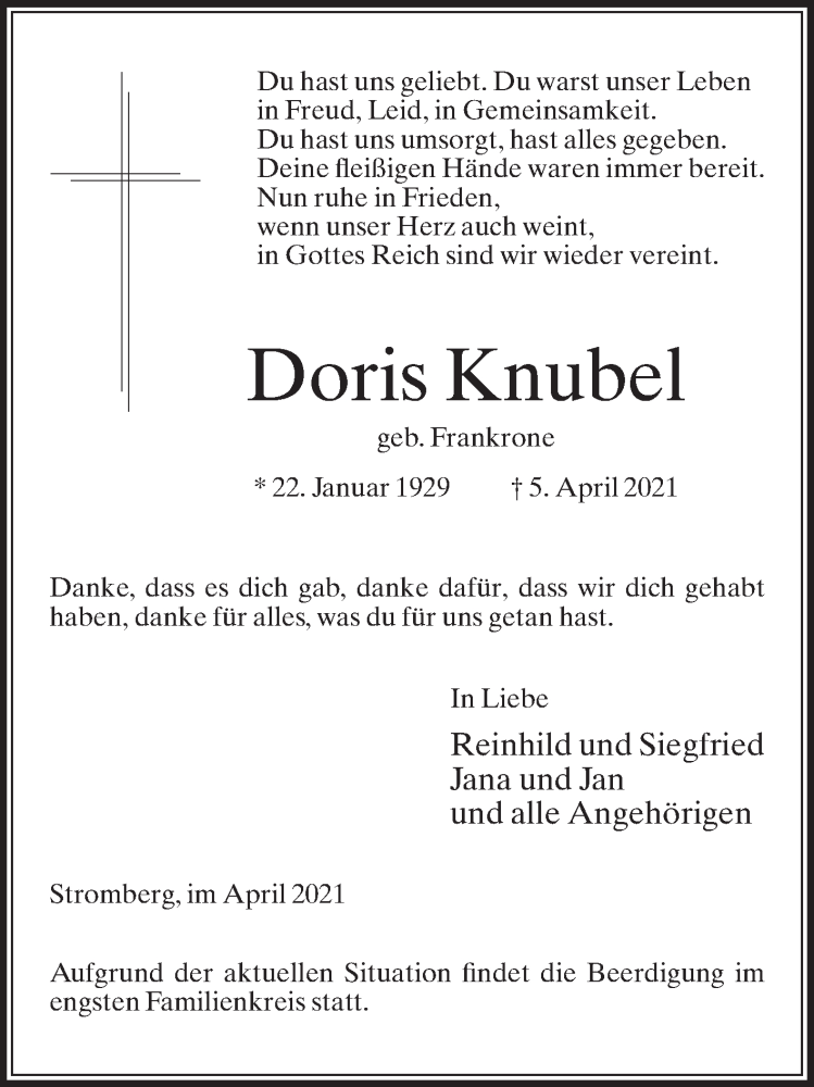  Traueranzeige für Doris Knubel vom 10.04.2021 aus Die Glocke