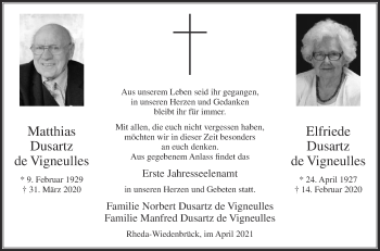 Traueranzeige von Elfriede Dusartz de Vigneulles von Die Glocke