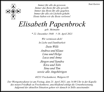 Traueranzeige von Elisabeth Papenbrock von Die Glocke